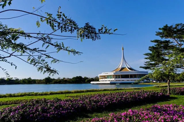 The Ratchamangkhala Pavilion over the lake, blue sky
