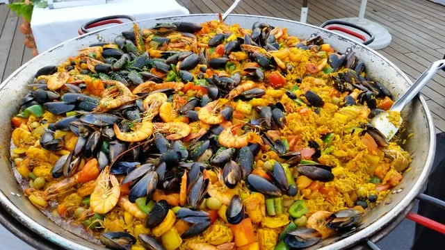 A seafood paella with mussels and prawns
