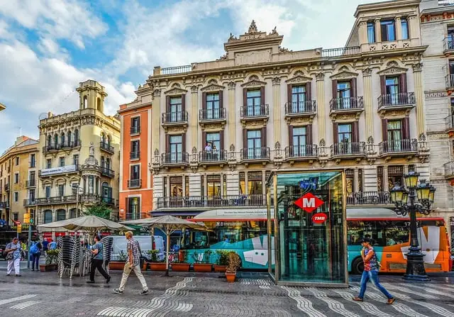 A decorated building and kiosk on La Rambla, sunny