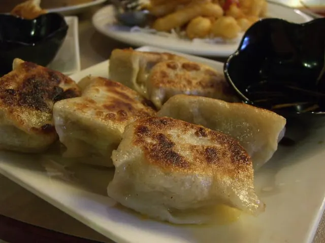 Pan-fried beef dumplings, crisp bottoms up (only 2048 px wide)