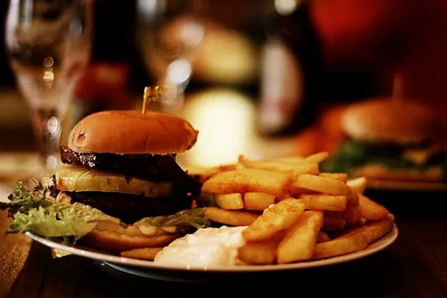 Typical vegan burger with chips