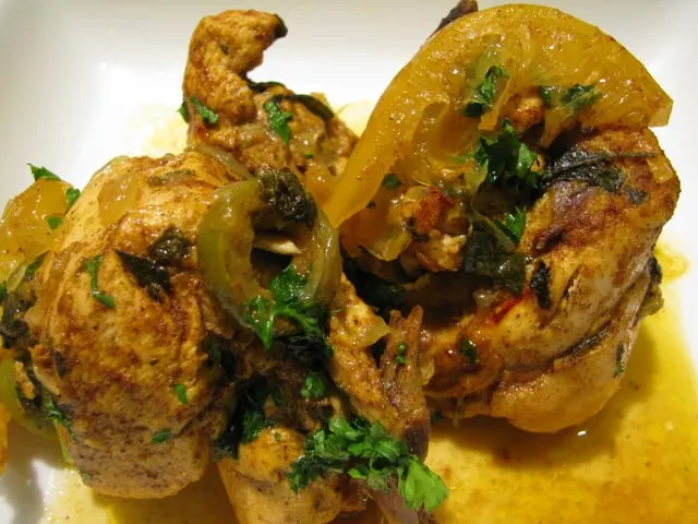 Typical chicken tagine with preserved lemons and olives