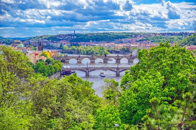 The Vltava bridges seen from the trees of Letná Park, blue sky