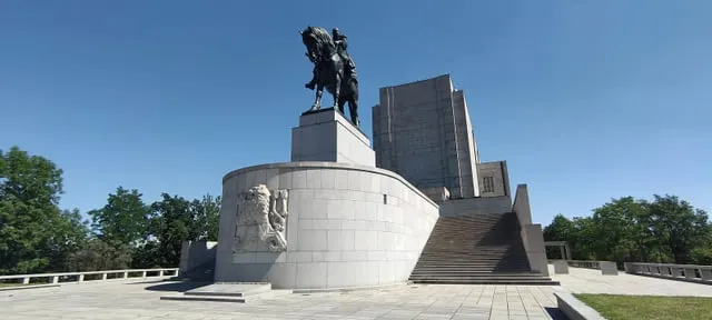 The Žižka equestrian statue and memorial on Vítkov hill, sunny