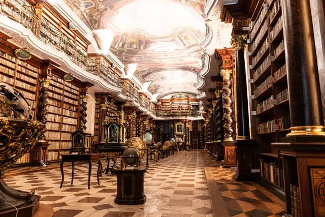 The Klementinum's Baroque library hall with painted ceiling
