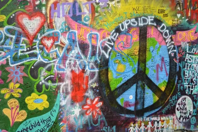 The colourful Lennon Wall's peace sign and messages