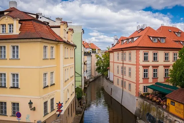 Malá Strana's coloured houses by the Čertovka canal, blue sky (only 1920 px wide)