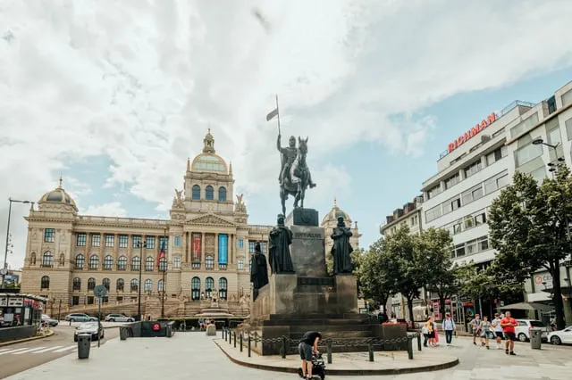 The St Wenceslas statue and the National Museum at the top of the square (people far off)
