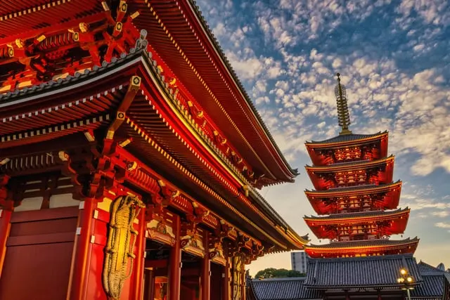 The Senso-ji gate and five-storey pagoda in Asakusa, Tokyo, at golden hour